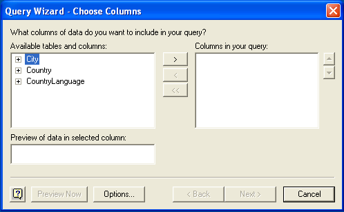 Microsoft
              Query、カラムを選択