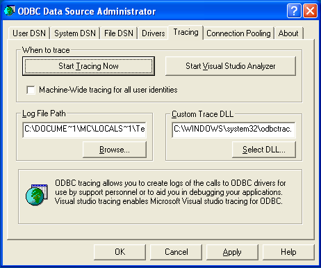 ODBC Data Source Administrator Tracing
                ダイアログ